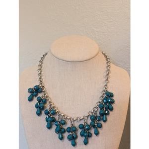 Teal Teardrop Dangling Cluster of Beads on Silver Tone Rolo Chain